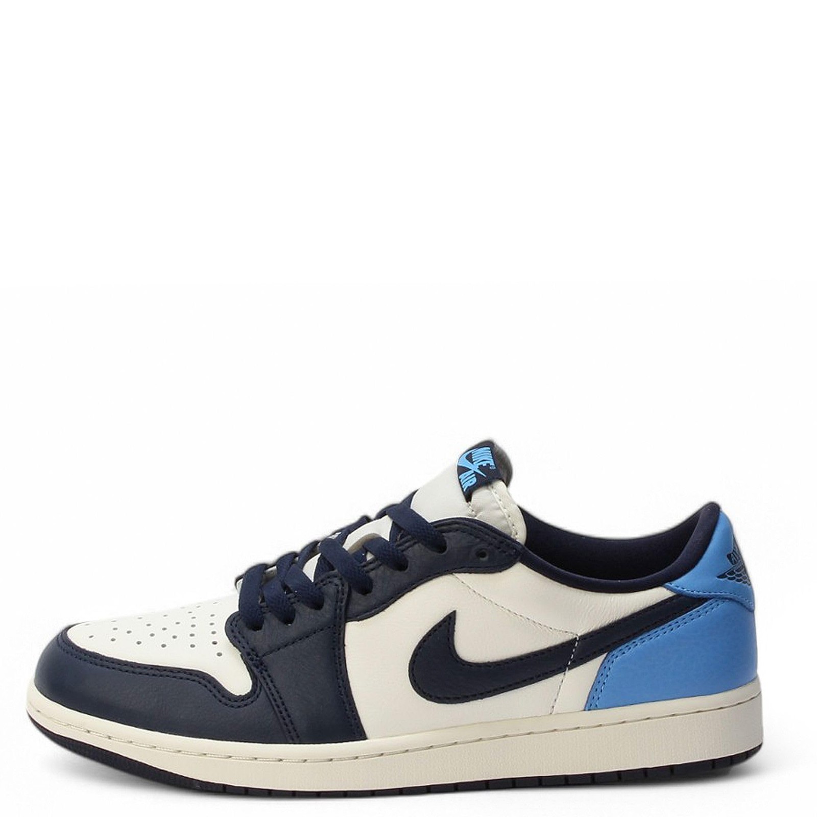 Air Jordan Mens’ Retro1 Low OG Sneakers – Obsidian/Sail/University Blue
