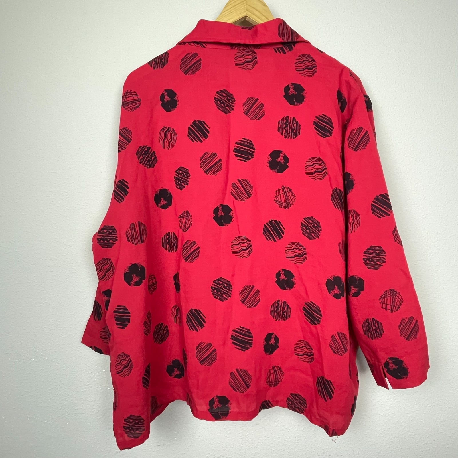 Fridaze Linen Top 1X Red Black Dots Button Up Boxy Lagenlook Boho Coastal