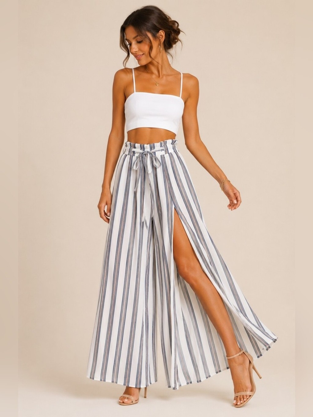 Simplee White Stripe Wide Leg Palazzo Pants Tie Waist Resort Beach Pants Size S