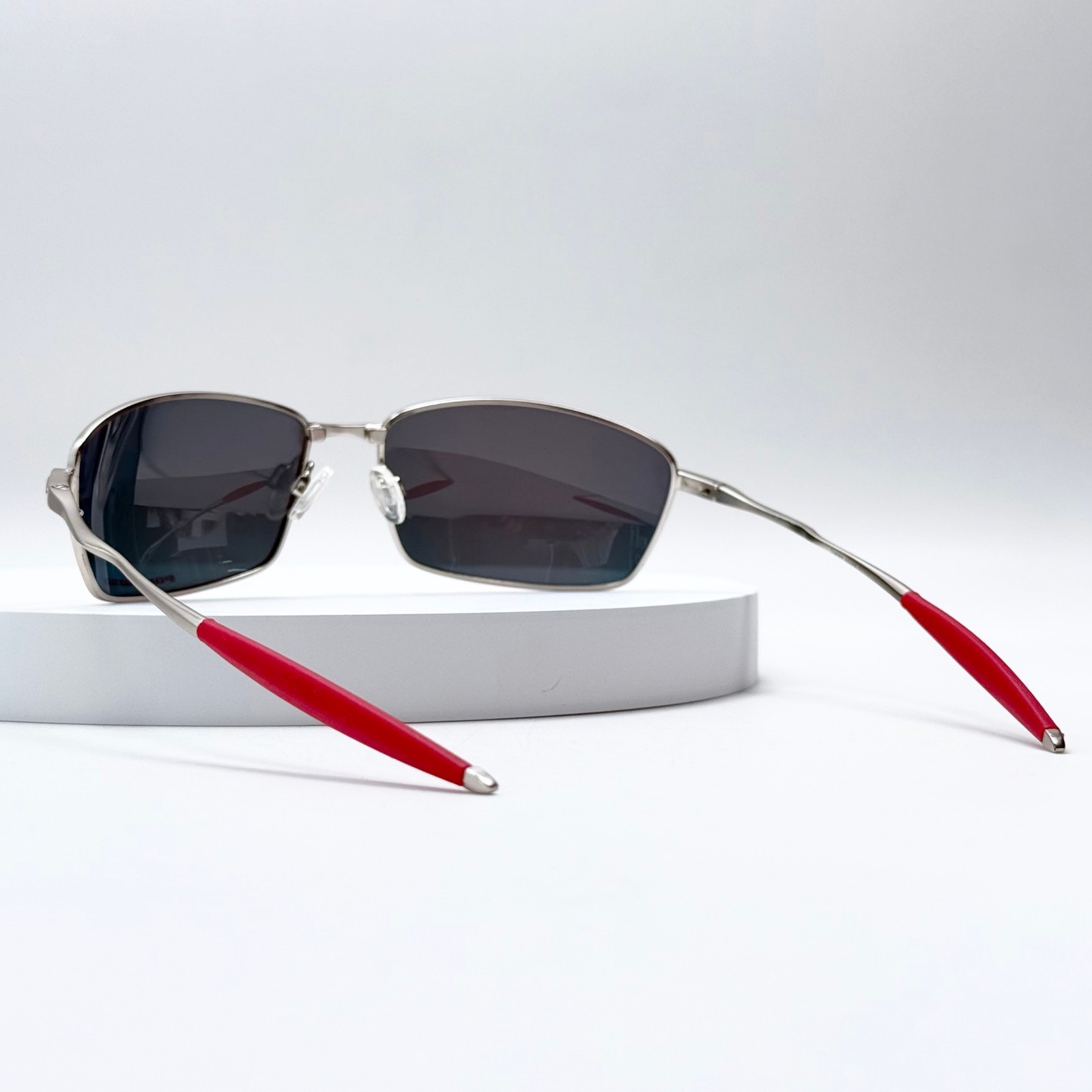 Oakley Whisker Sunglasses Silver Frame Ruby Lens Red Temple Metal Men