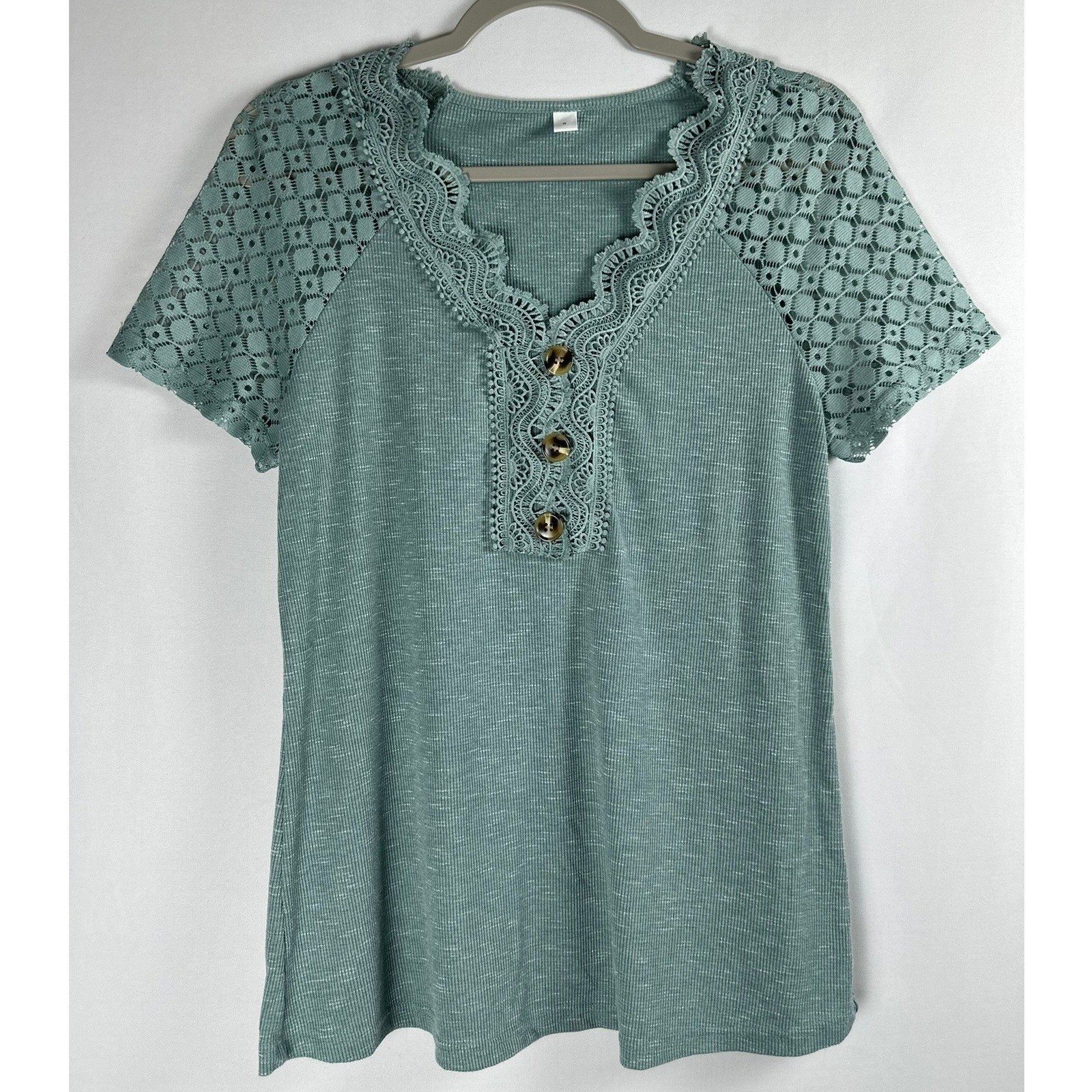 Sage Green Lace Trim V-Neck Henley Top Small Boho Cottagecore Soft Girl
