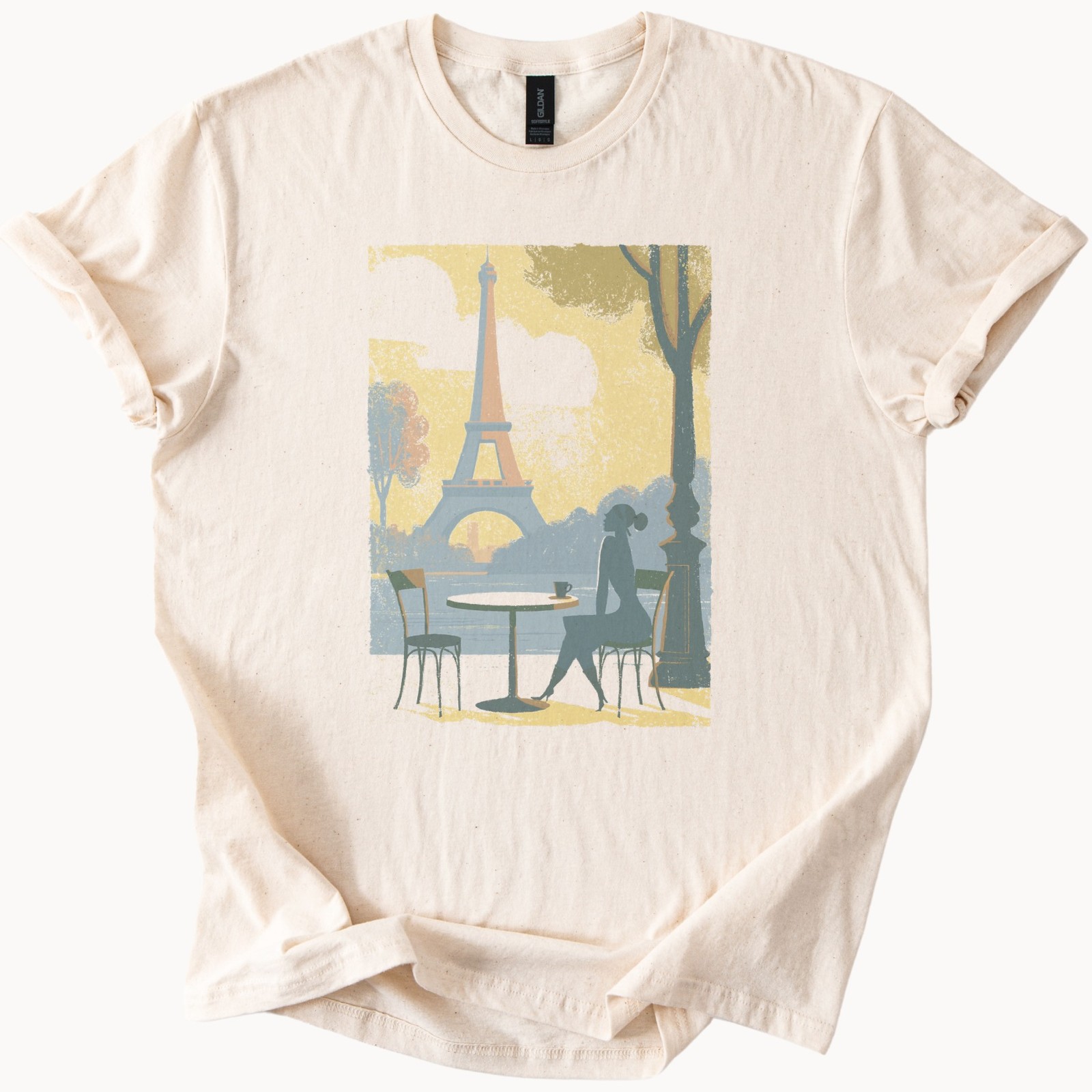 Parisian Café Retro Travel Poster Graphic Tee Natural Cotton
