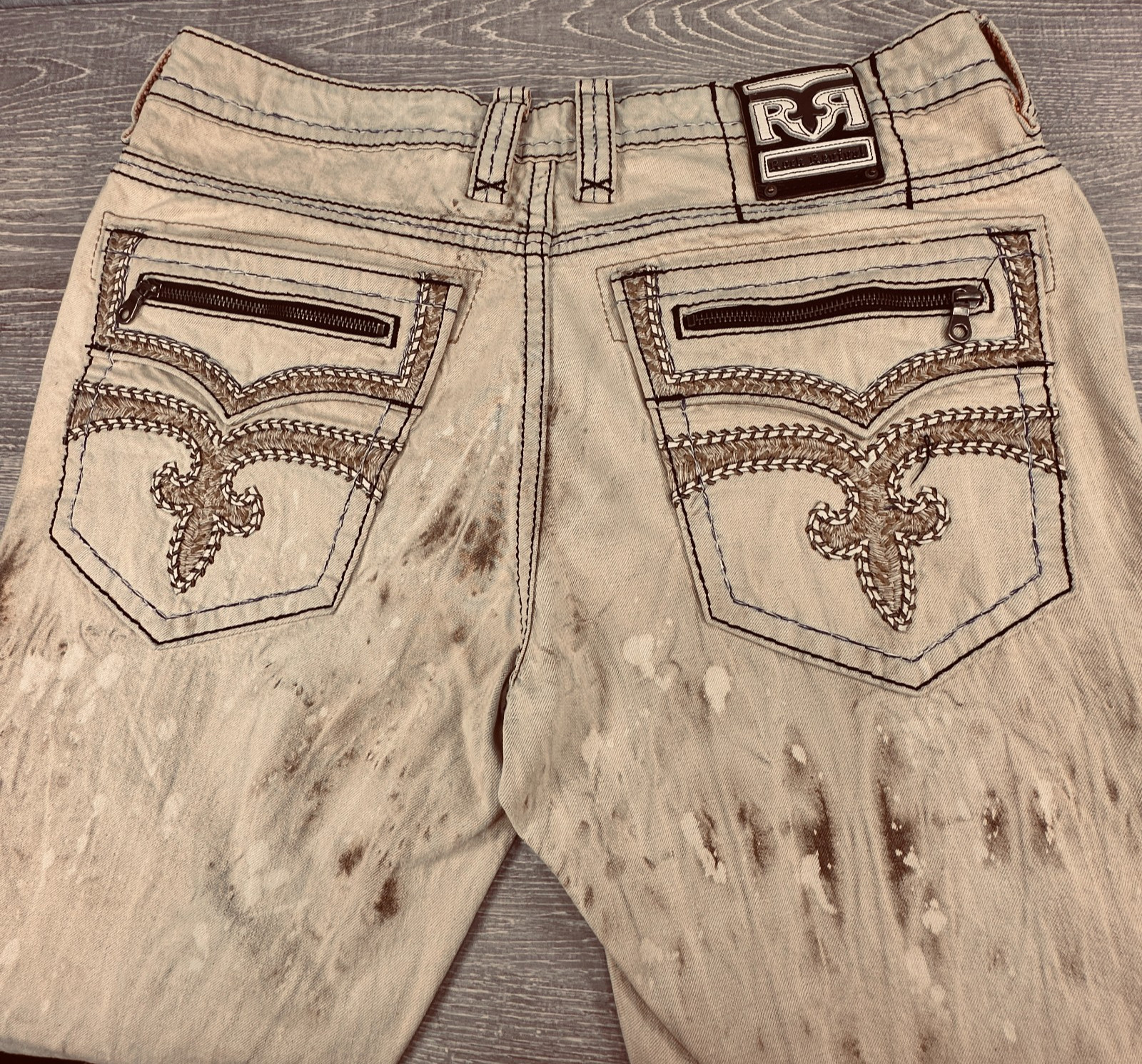 Rock Revivial Callan Biker Beige Jeans Acid Distressed Embroidery Size 38 x 33