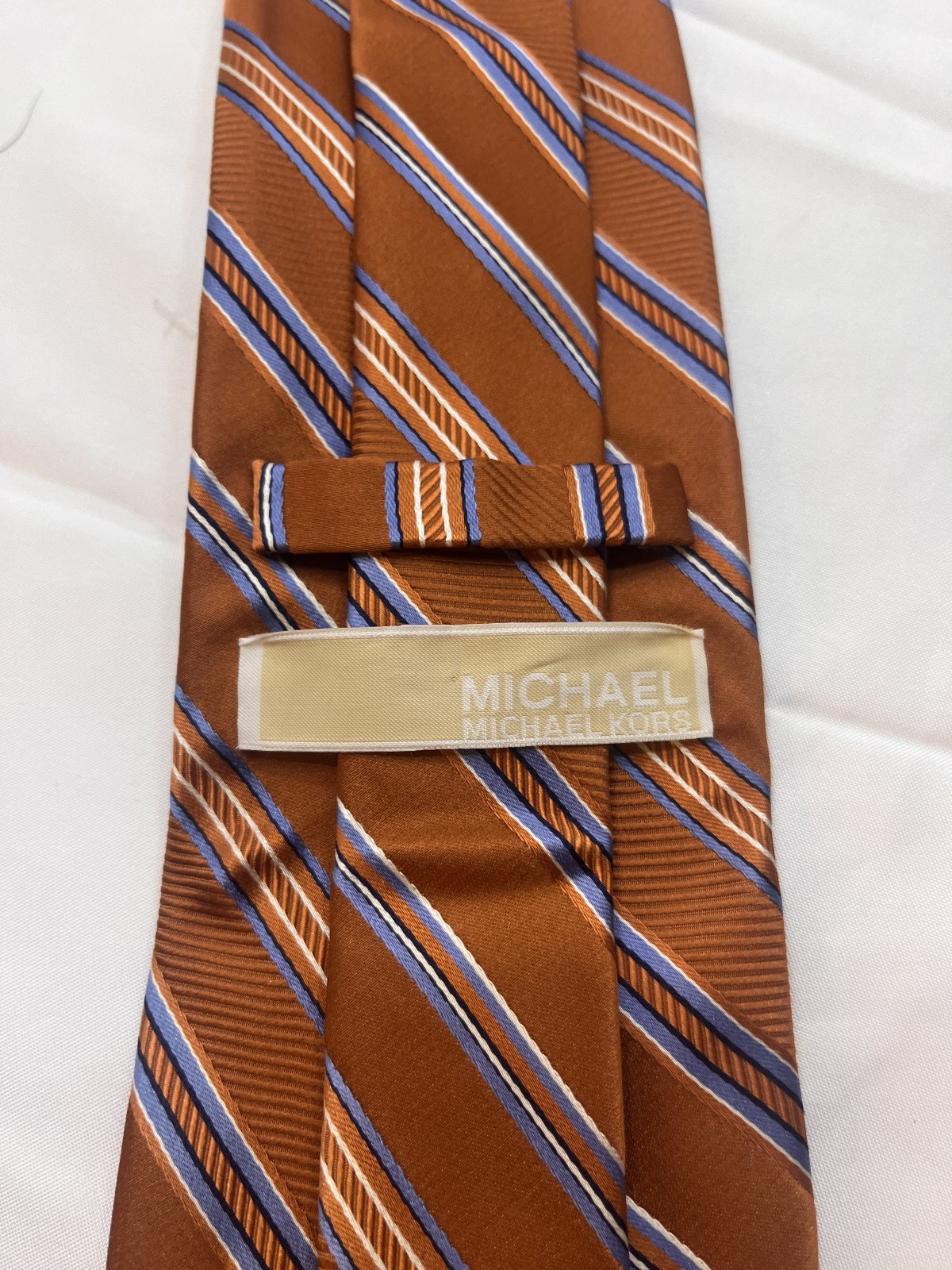 Michael Kors Men’s Rust Orange Blue Striped 100% Silk Neck Tie Classic Made USA