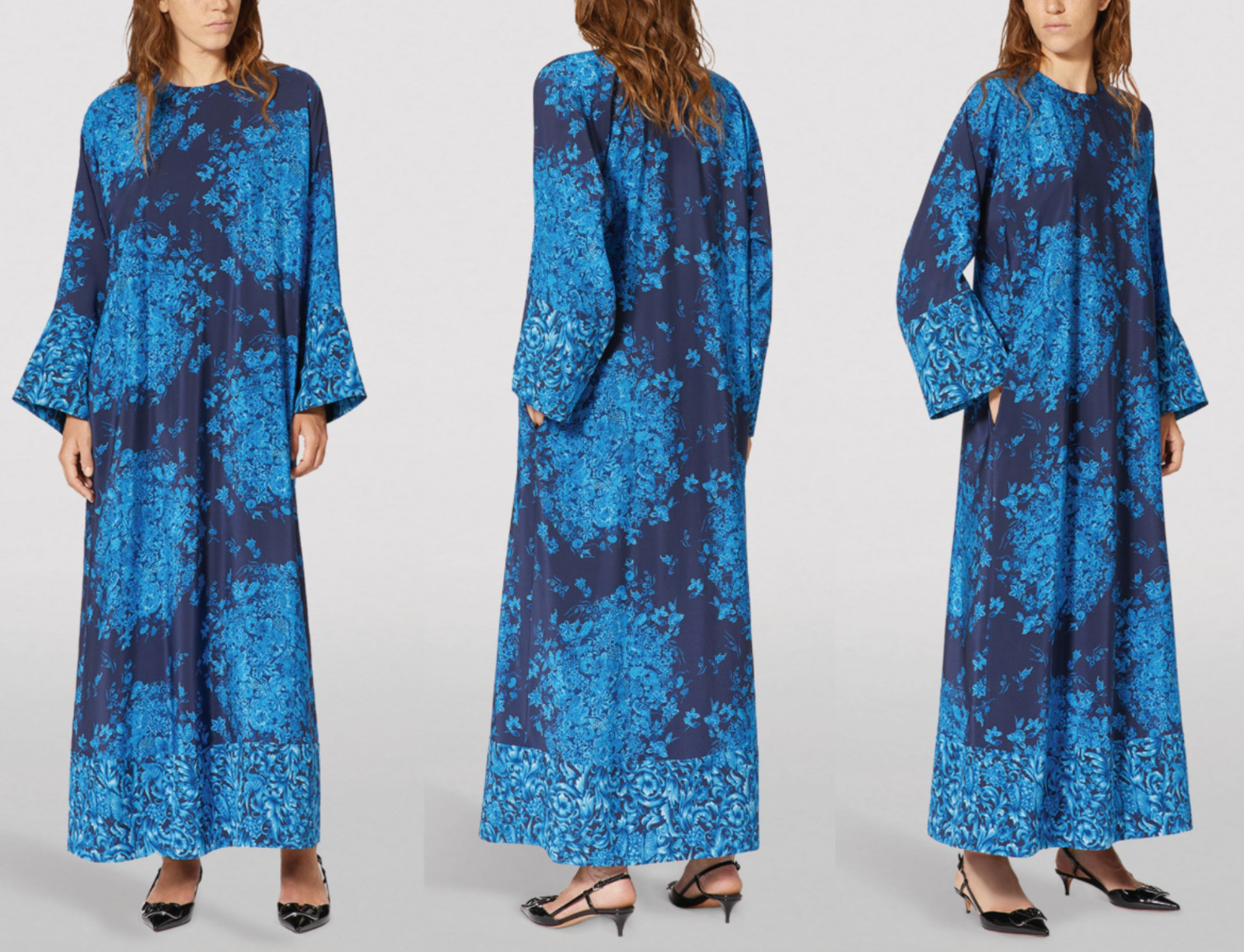 VALENTINO GARAVANI SILK Caftan Maxi Dress Delft Floral Print Kleid Maxikleid M