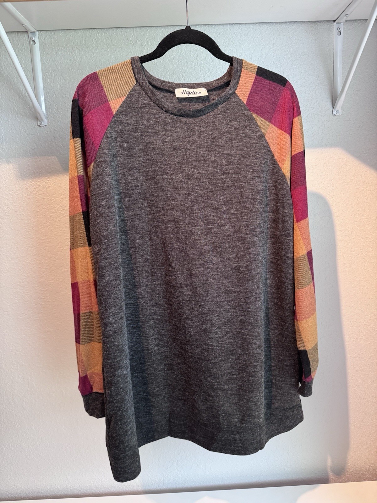Haptics Women Plaid Sleeve Tunic Top Gray Pink Orange Long Sleeve Plus Size -3XL