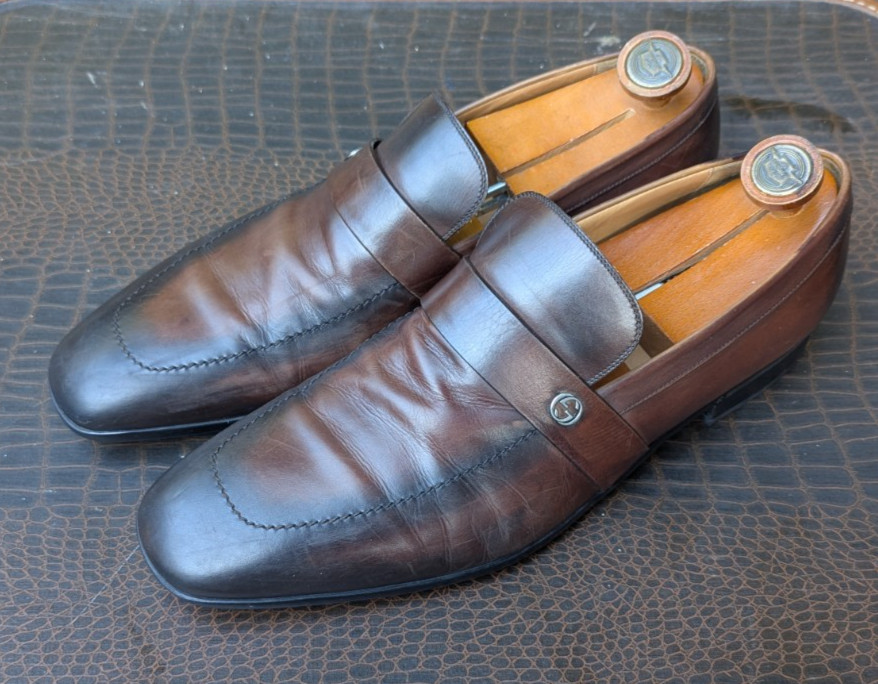 Gucci Brown Leather Loafers GG Style Strap Men’s Size 10 Made in Italy