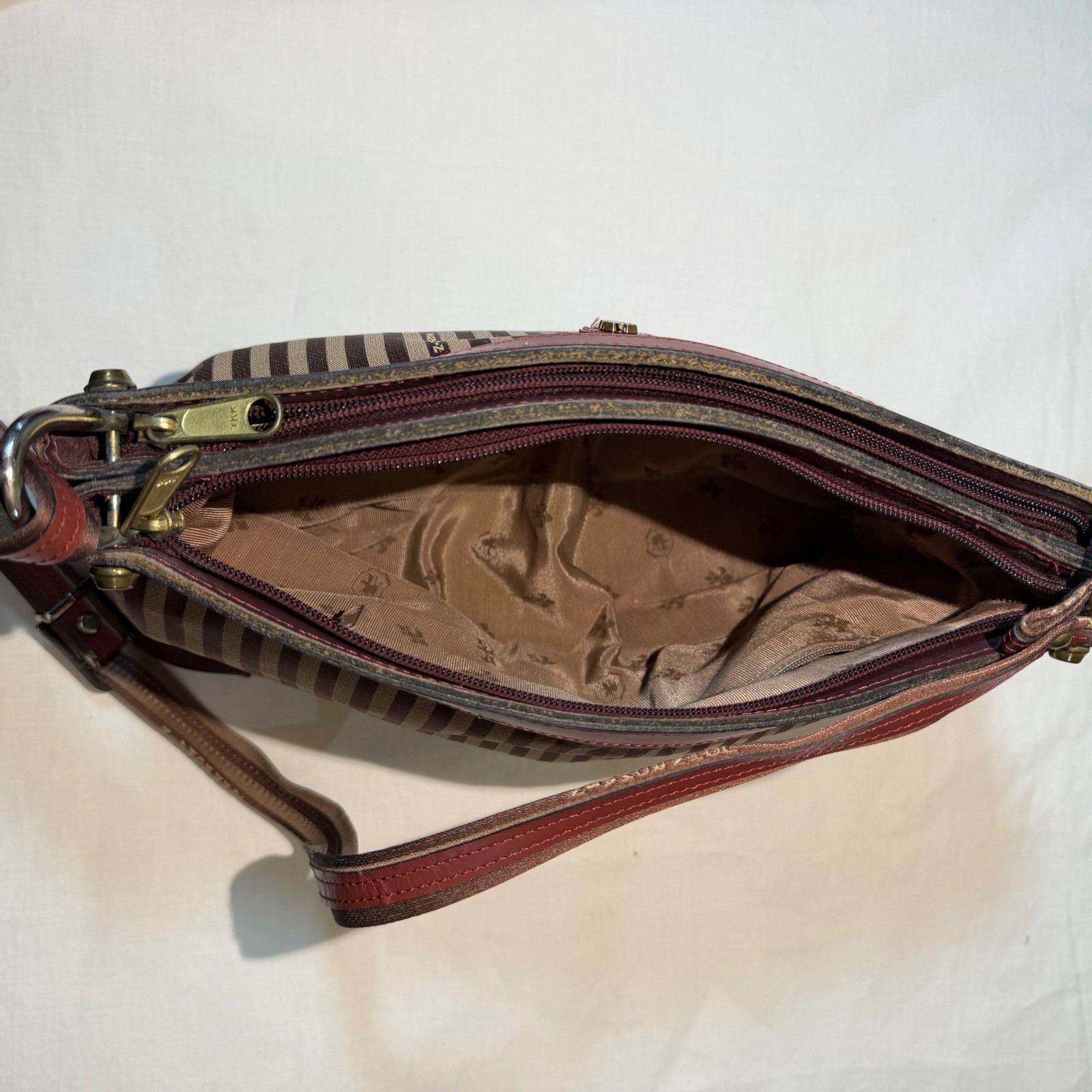 Vintage John Romain Striped Crossbody Bag Brown Burgundy Leather Trim Lion Crest