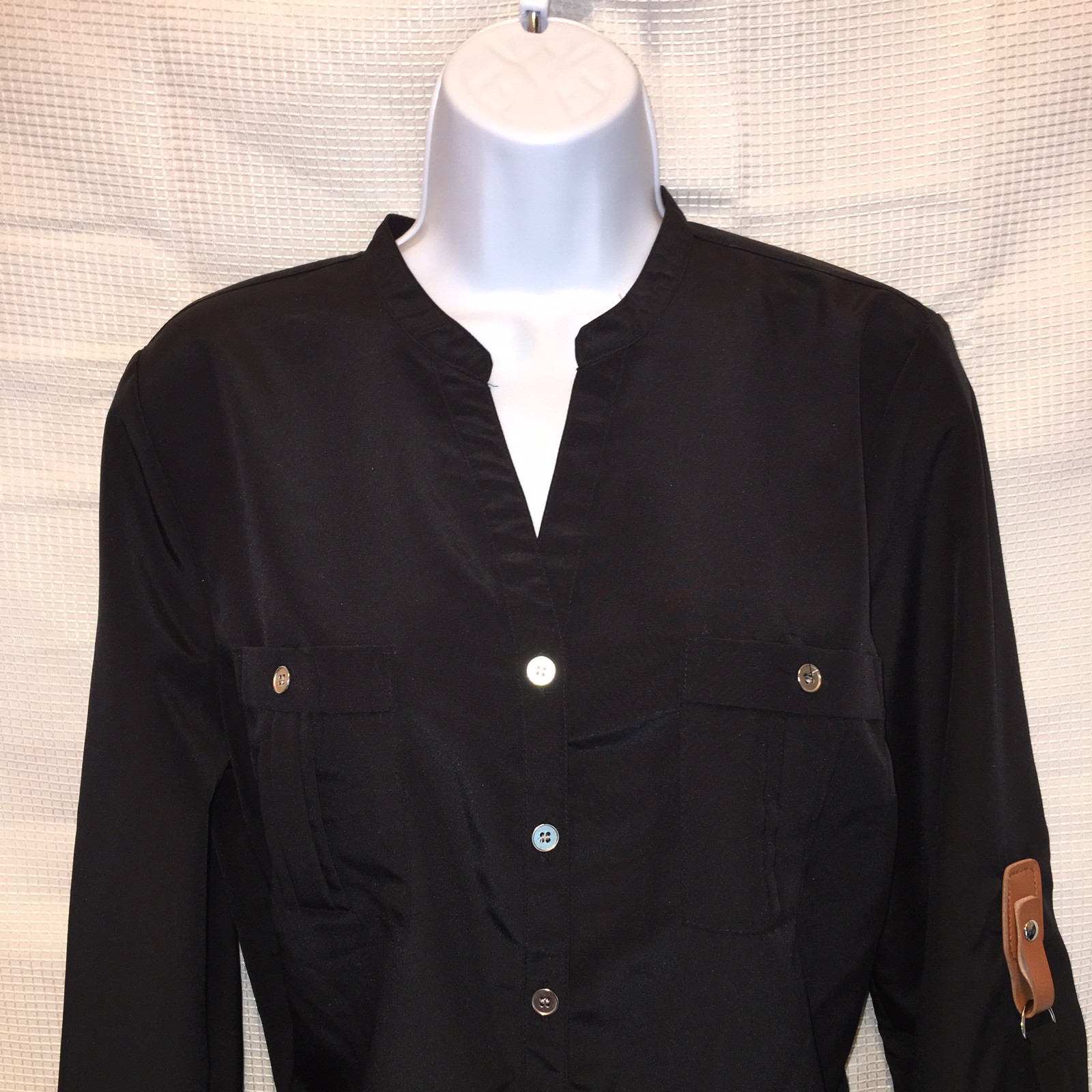 Elementz womans medium black blouse silver buttons strap detail on sleeve