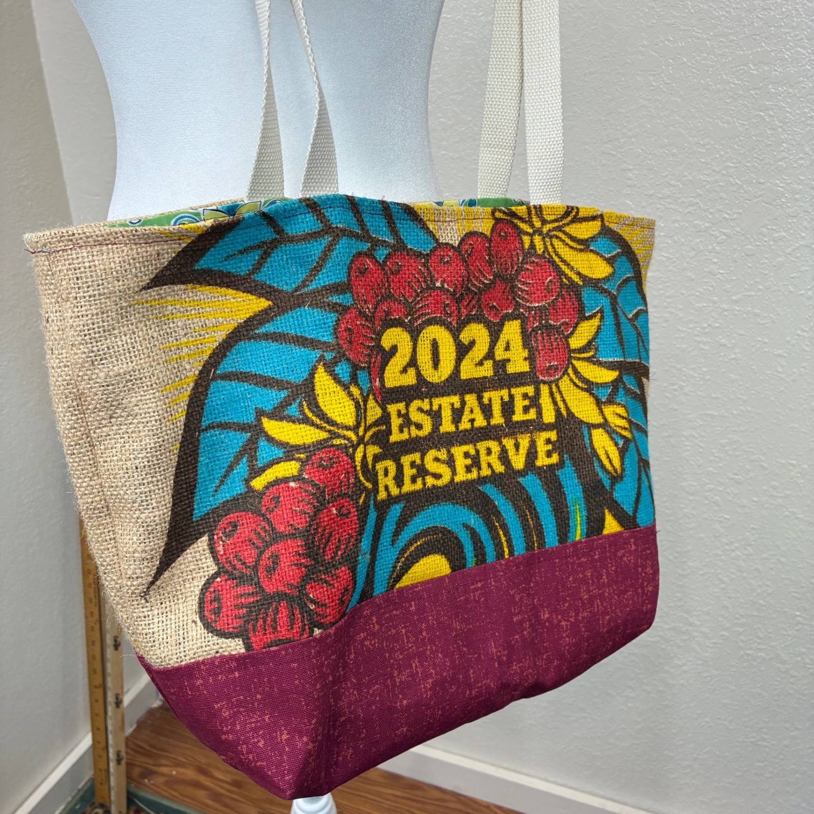 Handmade 2024 Estate Reserve Burlap Coffee Sack Tote Bag Tropical Floral Lined