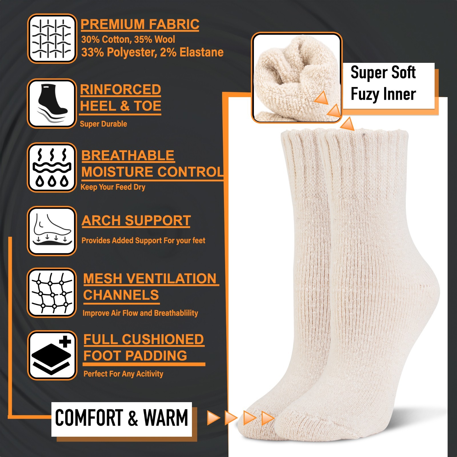 3 Pairs Womens Winter Warm Thermal Lambs Wool Merino Heavy Duty Boot Socks 9-11