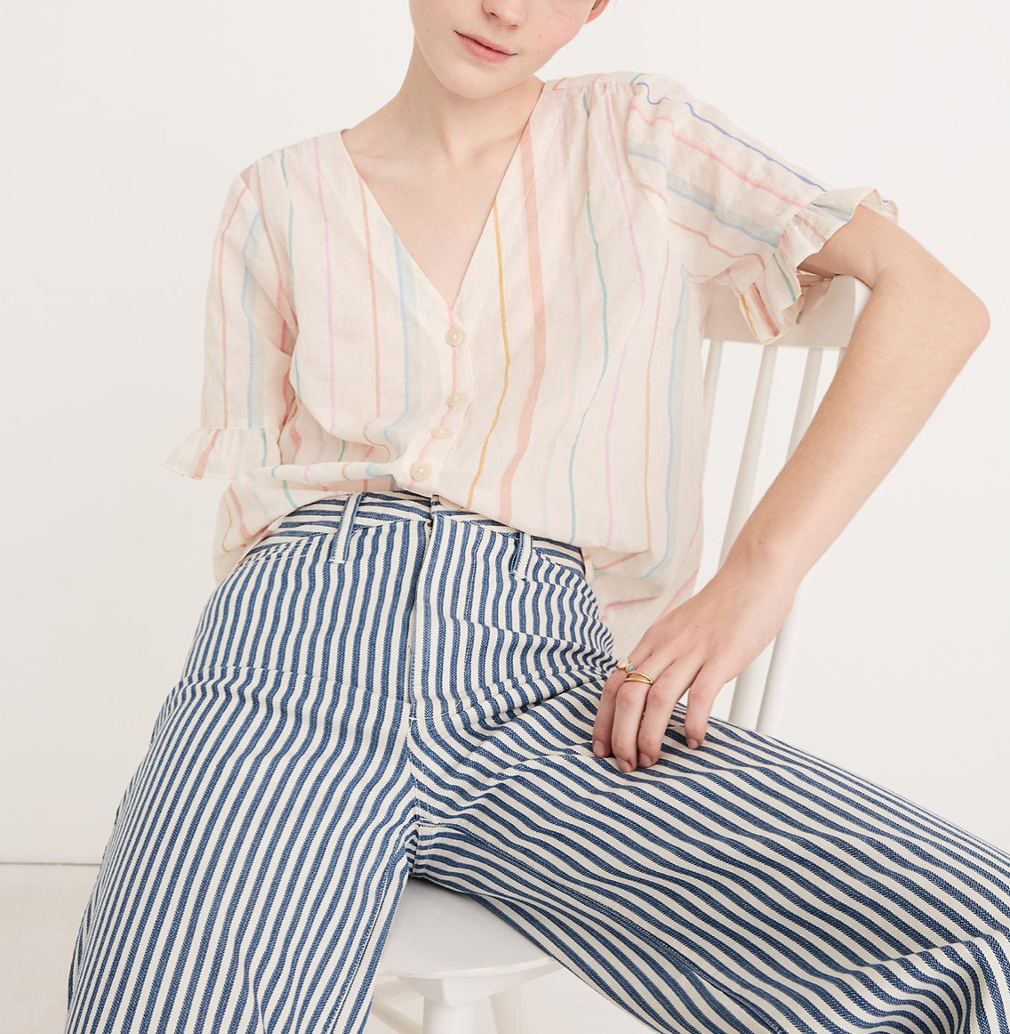 MADEWELL MULTICOLOR RAINBOW STRIPED RUFFLE SLEEVE BUTTON VILLAGE DOWN SHIRT XL