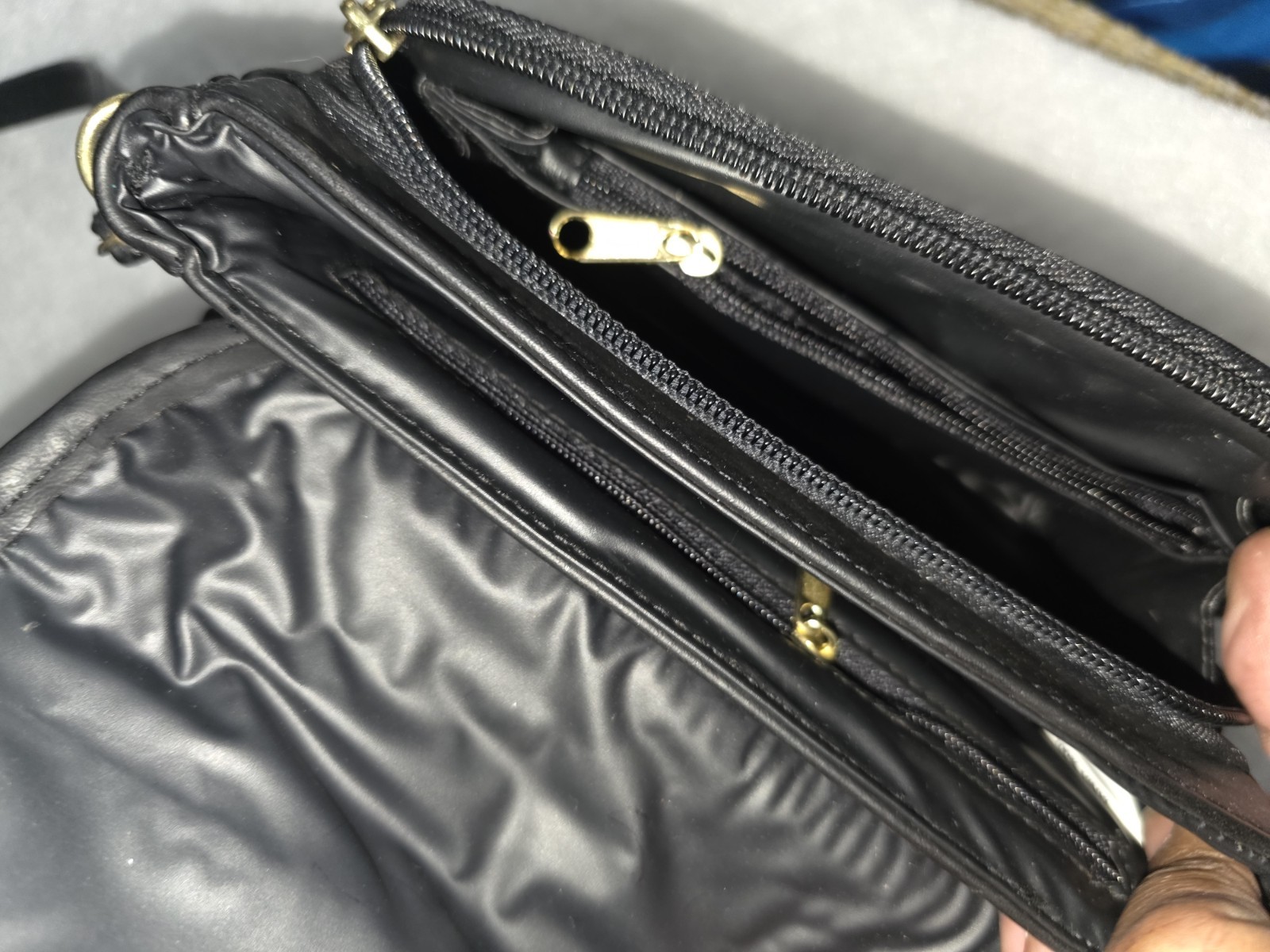 Black Crossbody Bag Flap Turn-Lock Multi Zip Compartments Gold Hardware