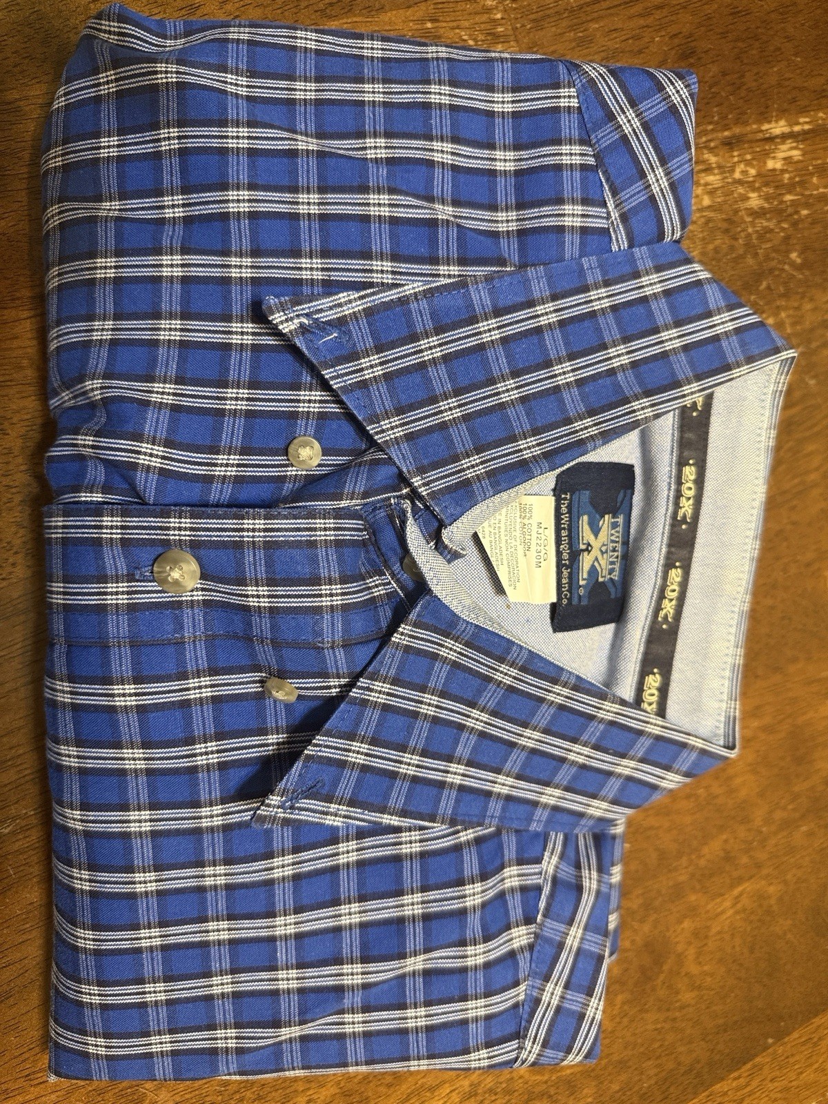 Wrangler Twenty X Men’s L Blue Plaid Long Sleeve Cotton Button-Up Pockets
