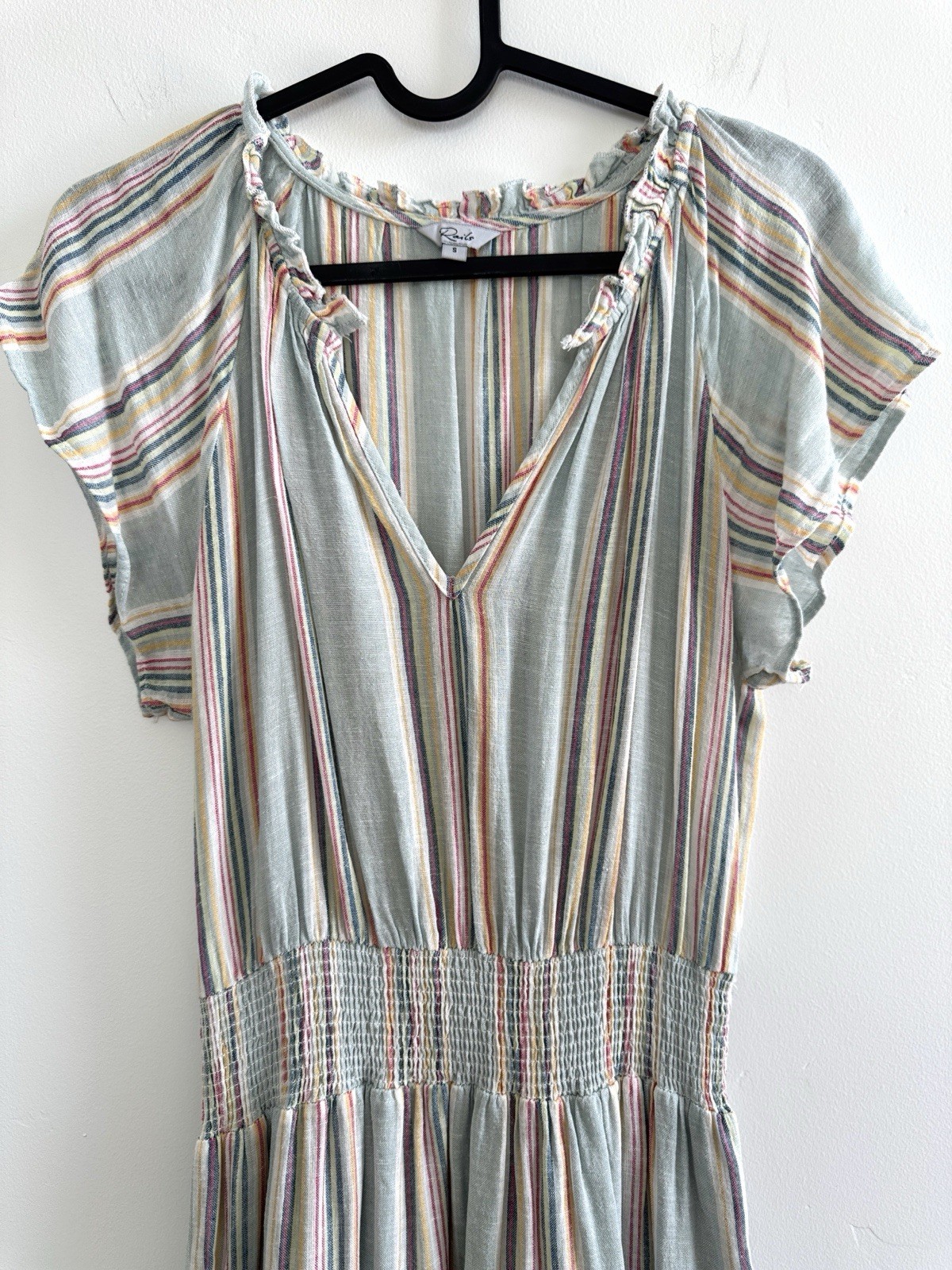 Rails Amellia Linen Blend Midi Dress Striped Smocked Tiered Size S Bohemian