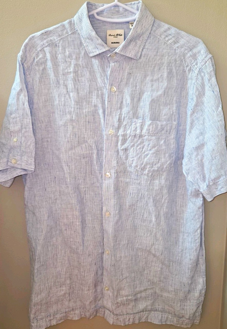 Baird McNutt 100% Linen Shirt, White Blue Stripes Murano Slim Fit Size M
