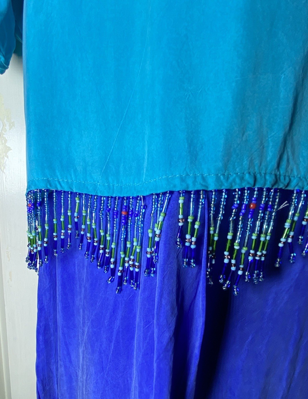 Earth Song Teal Blue Size 14 Beaded Waist Trim Maxi Dress 90s 80s 100% Bemberg