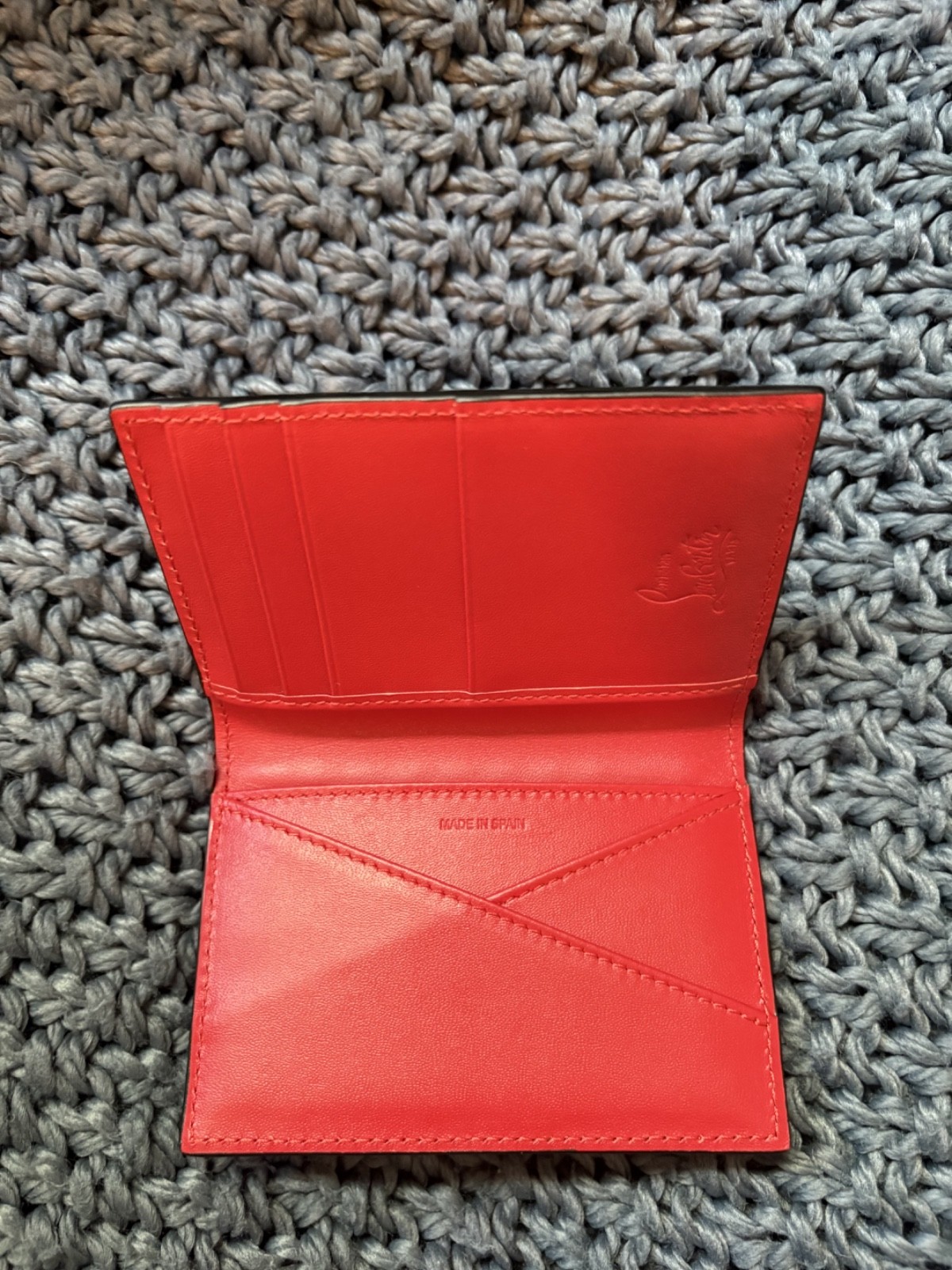 Christian Louboutin Paros Spikes Neon Orange Leather Business Card Holder Wallet