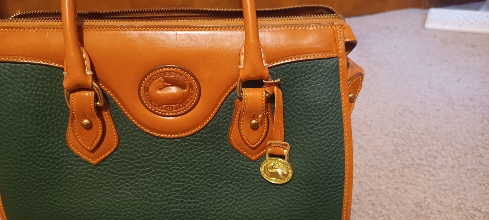 Vintage Dooney & Bourke Green Brown Satchel Top Handle Bag Gold Hardware