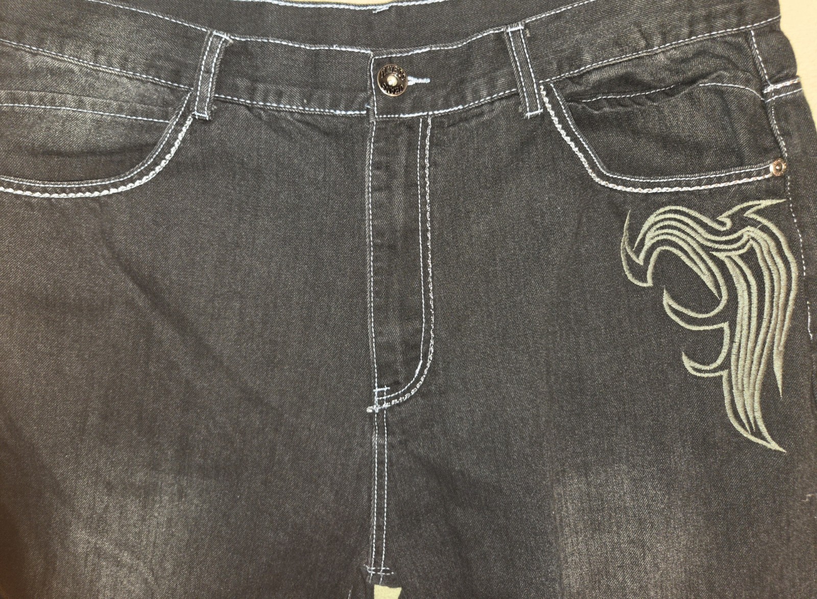 Mens PLAY BIGG Wide Leg Jeans Loose Fit Denim Embroidery Street Pants Sz 40