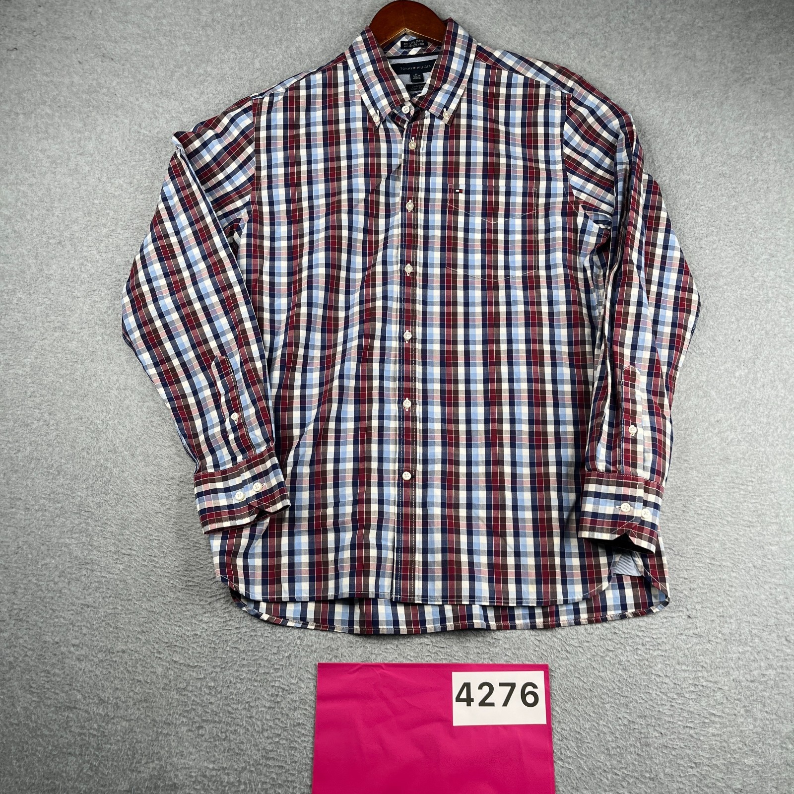 Tommy Hilfiger Custom Fit Shirt Red Blue Plaid Button Up Long Sleeve Mens Medium