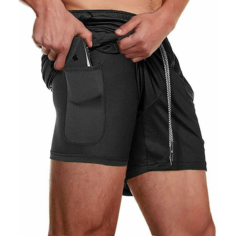 Man’s 2 in 1 Compression Gym Workout Training Liner Phone Pocket Shorts Pants US