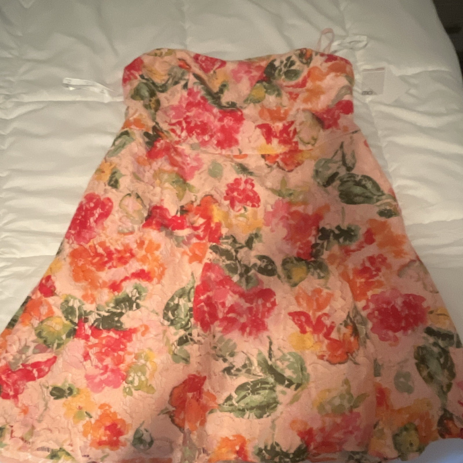David’s Bridal Strapless Floral Mini Dress Short Pink Orange Green Size 16