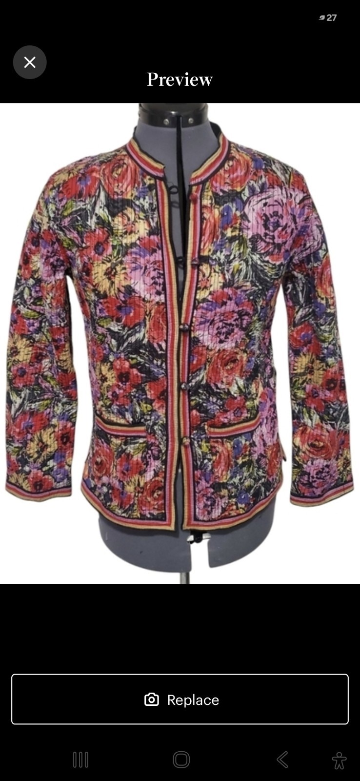 L’IND Women’s Quilted Floral Jacket Medium Mandarin Collar Frog Closure Boho Art