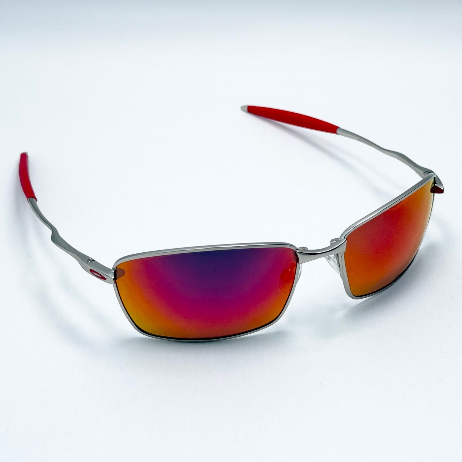 Oakley Whisker Sunglasses Silver Frame Ruby Lens Red Temple Metal Men