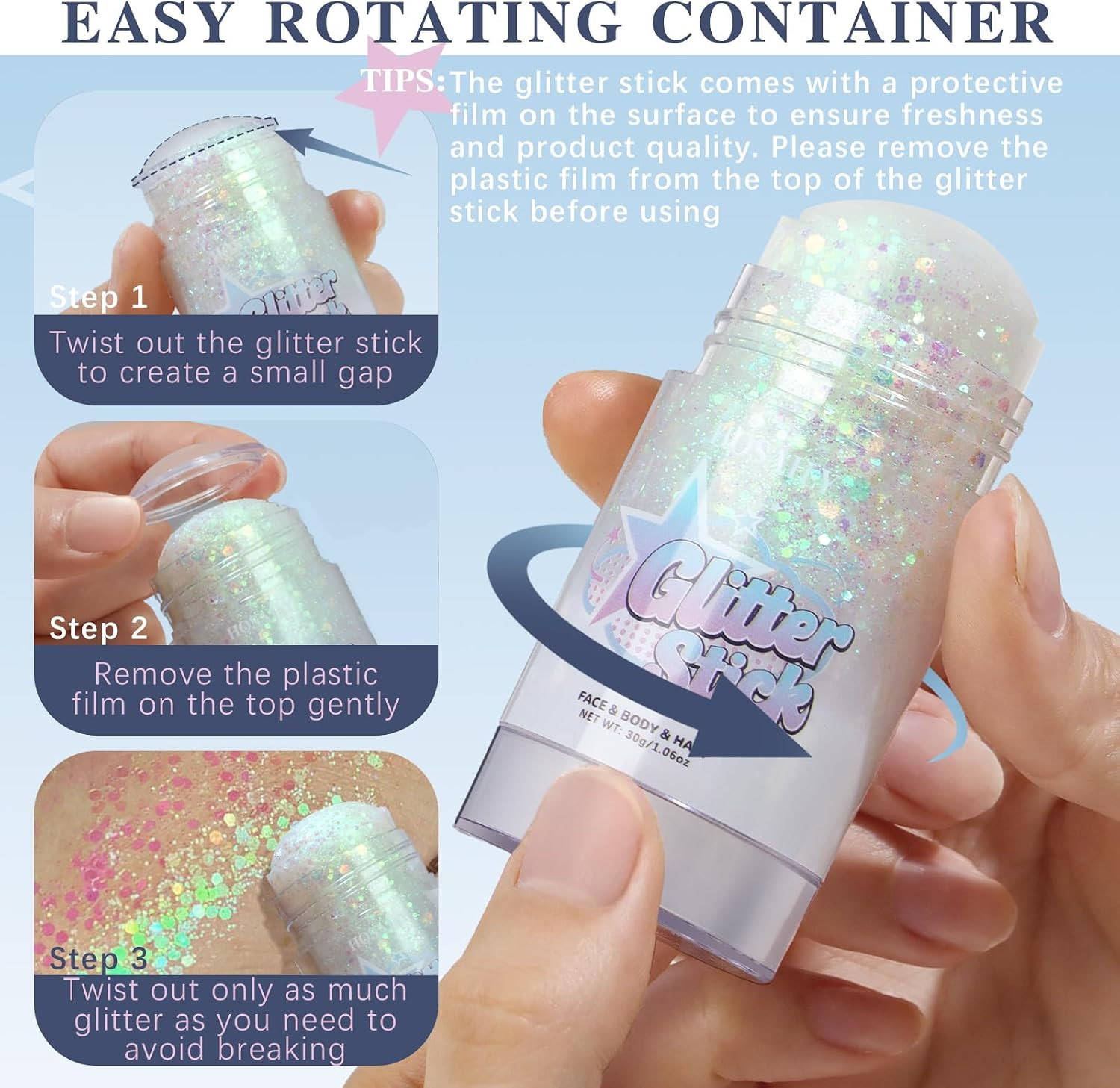 Gold Body Glitter Stick, Holographic Fairy Costume Makeup Face Hair Glitter Stic