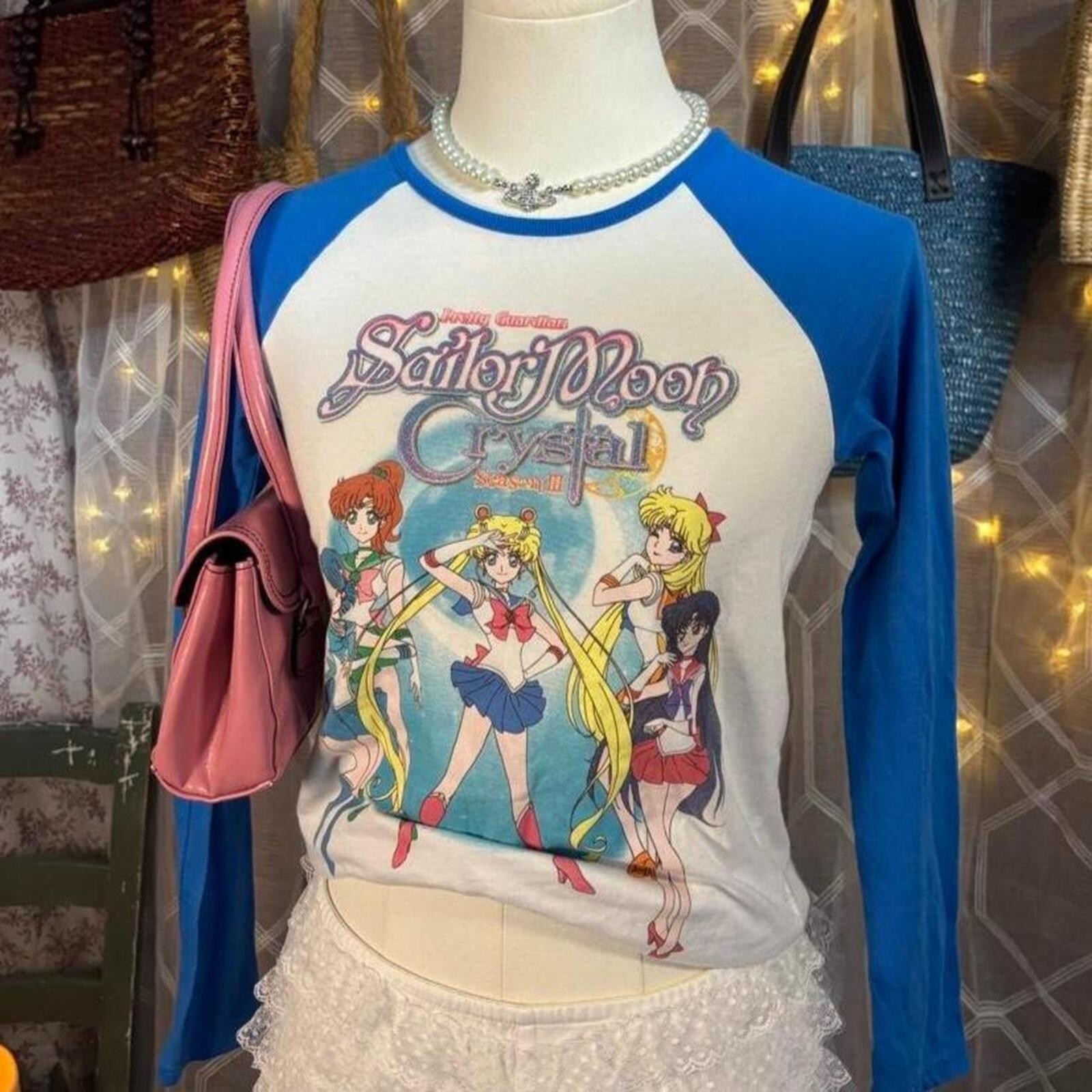 Sailor Moon Crystal Anime Graphic Raglan Tee Long Sleeve Y2K Kawaii Womens S