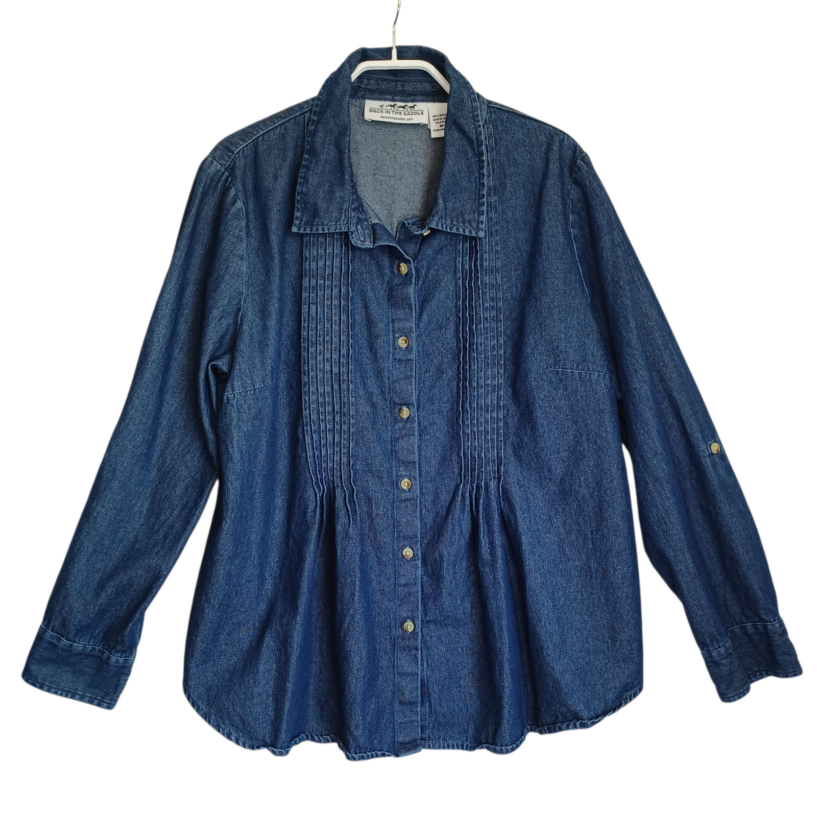 Back In The Saddle Denim Shirt Womens Medium Pleat Detail Roll Tab Sleeves