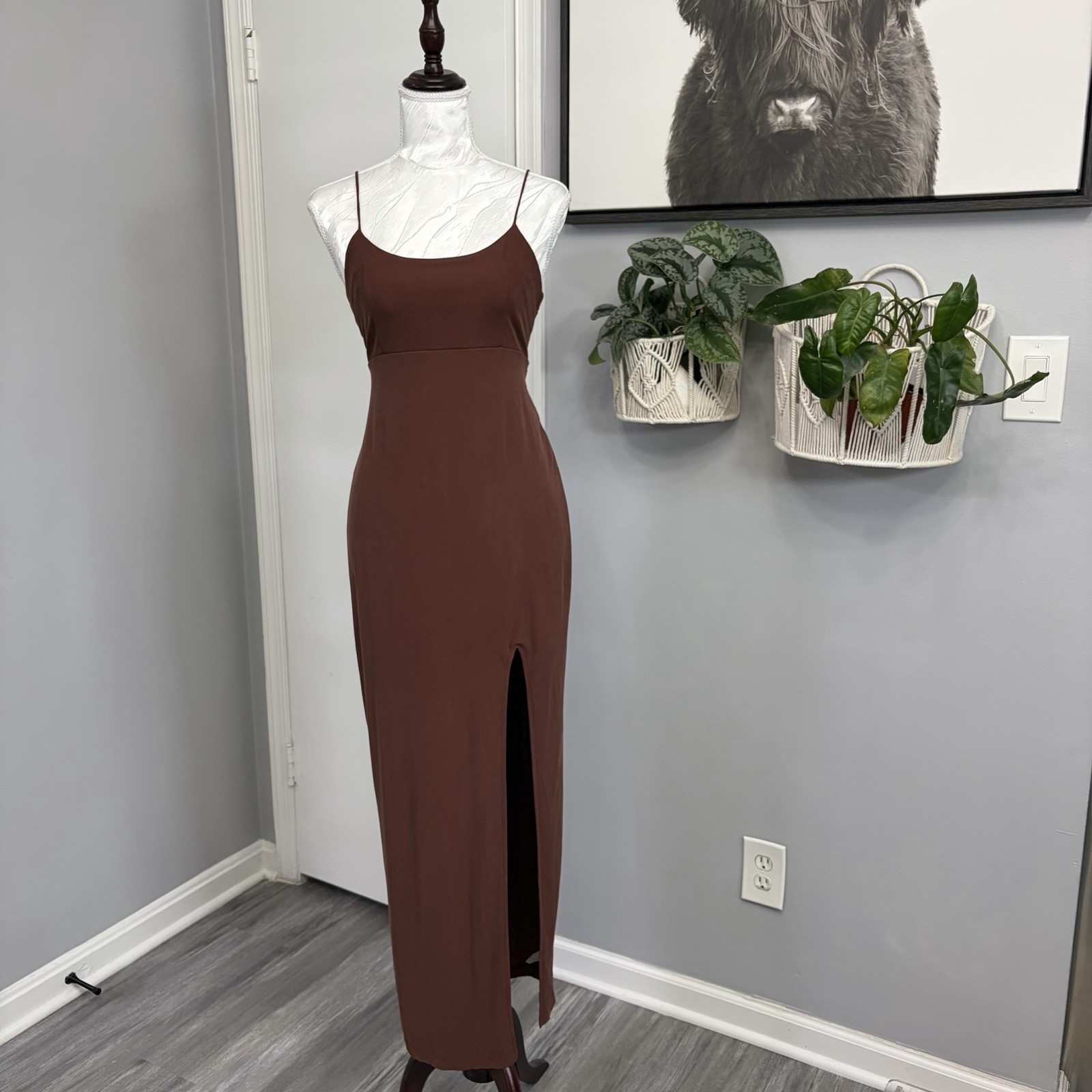 Wild Fable Brown Maxi Dress Womens Small S High Slit Y2K Style Ribbed Knit