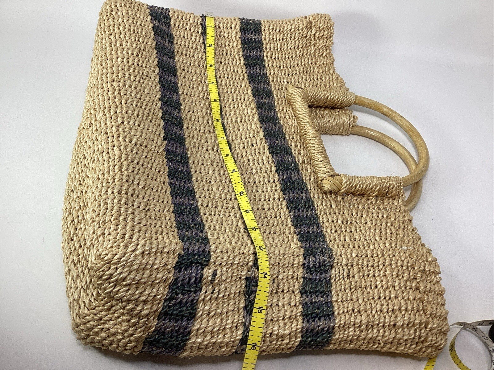 Woven Abaca Fiber Boho Tote Blue Stripes 14”x12”