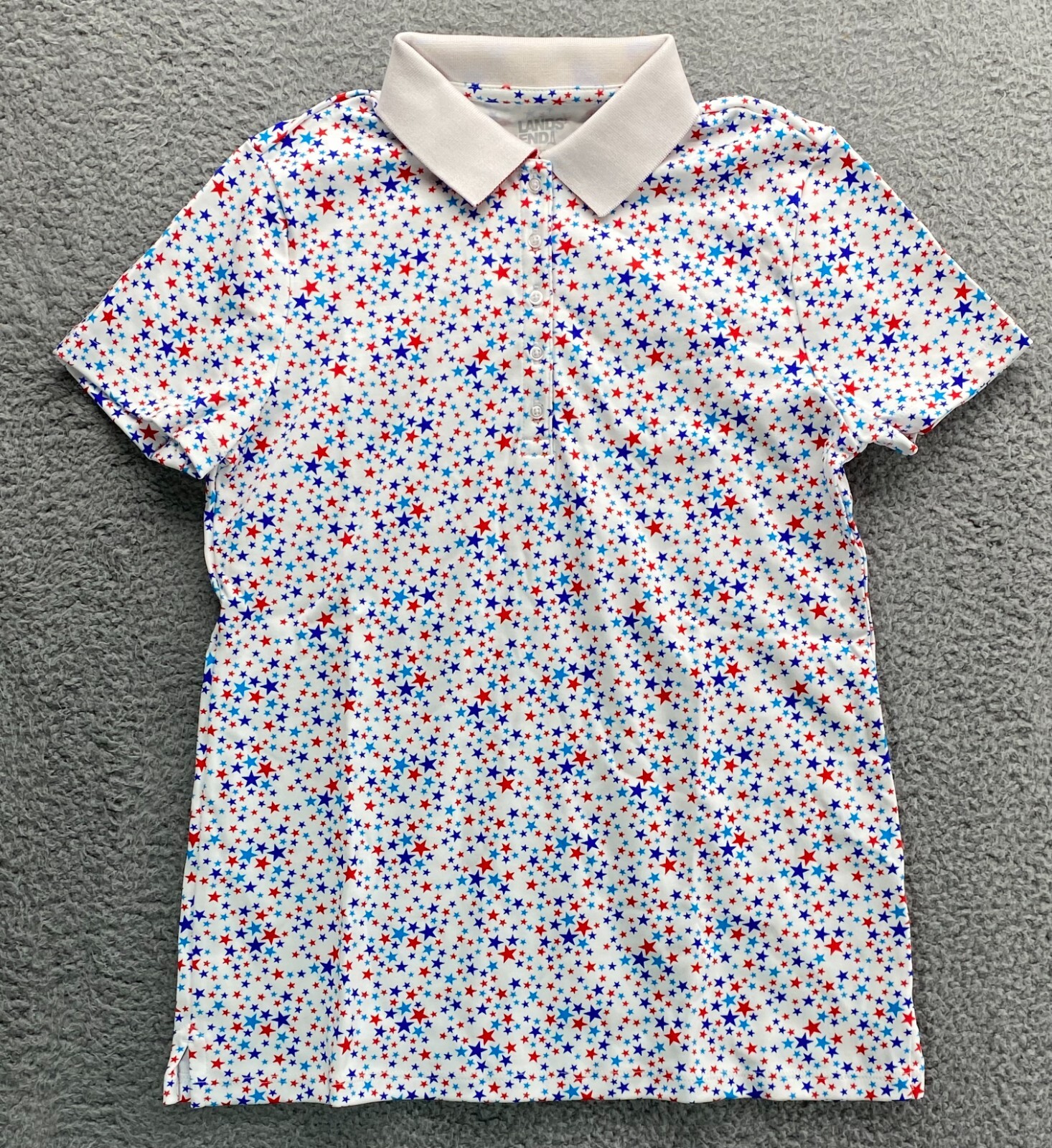 New Lands’ End Women’s Short Sleeve Supima White Multi Stars Polo Top White M