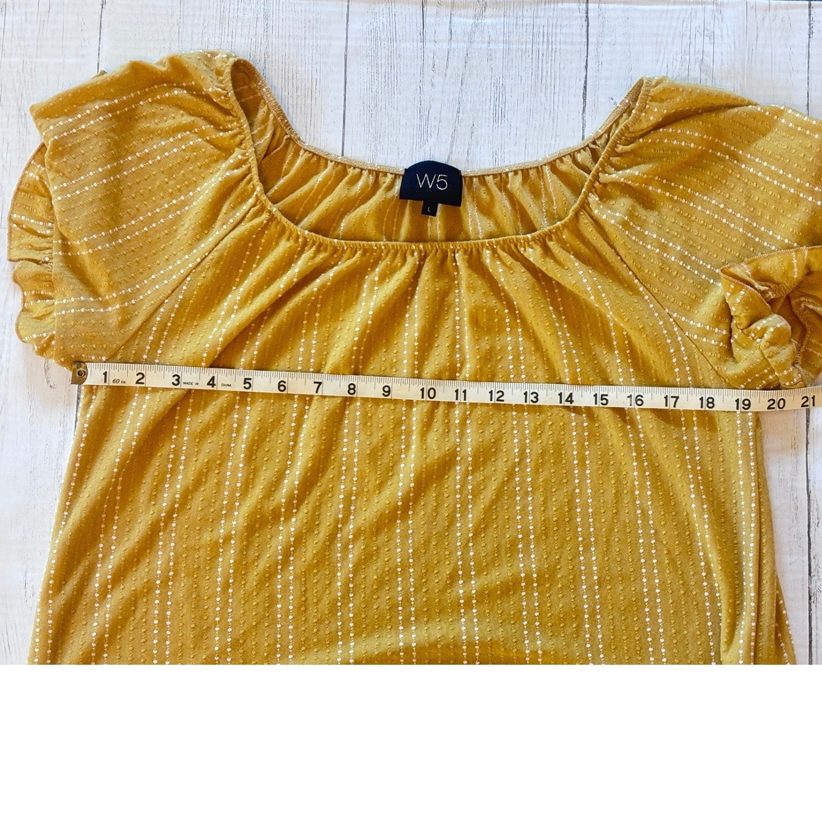W5 Mustard Yellow Boho Peasant Top Flutter Sleeve Crinkle Textured Blouse Large