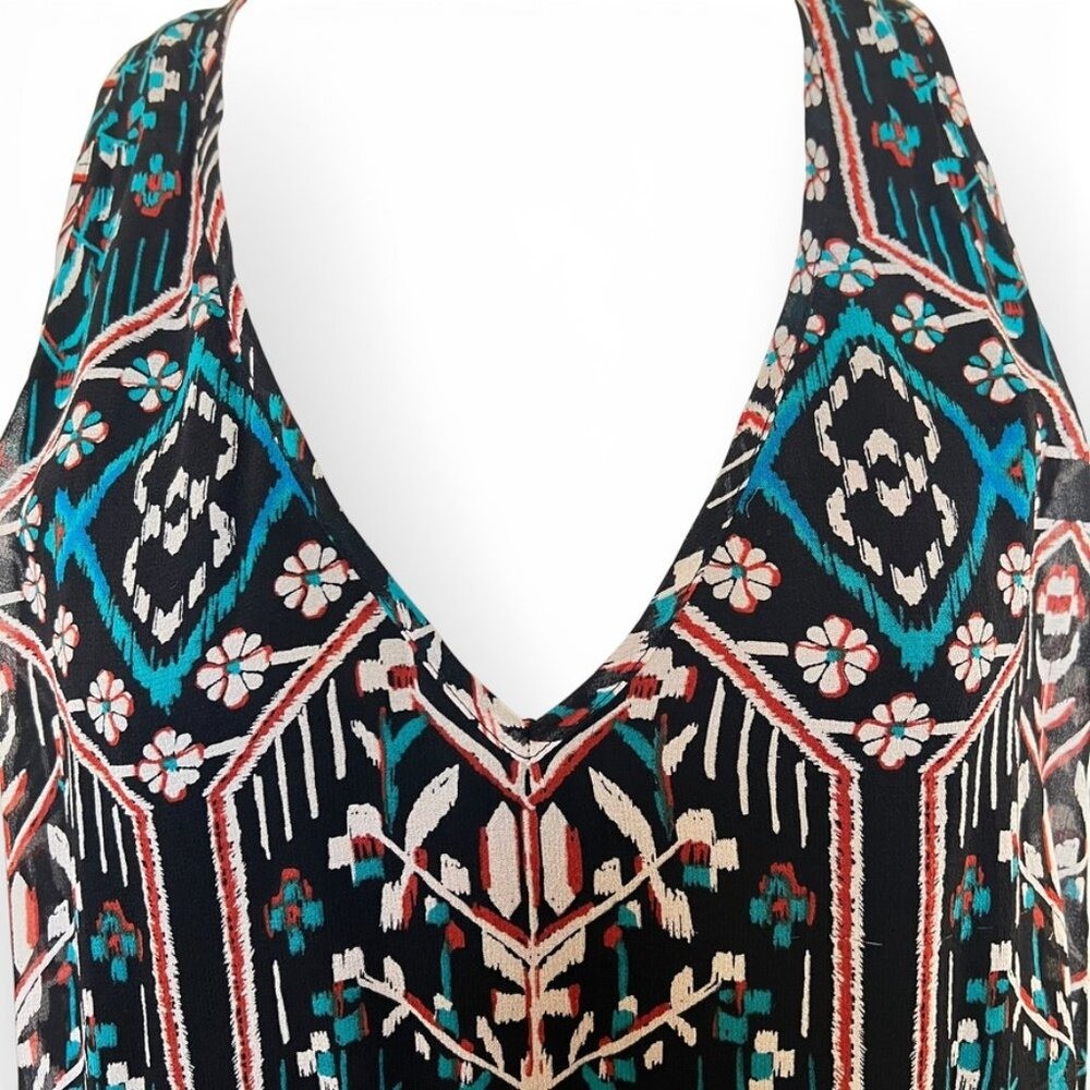 Boho Chic Silk Racerback Halter Blouse M Top Geometric Ikat Print Southwestern