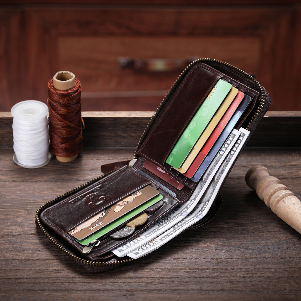 Genuine Leather Wallet Men Large Capacity ID Window Card Case Zip Coin Pocket