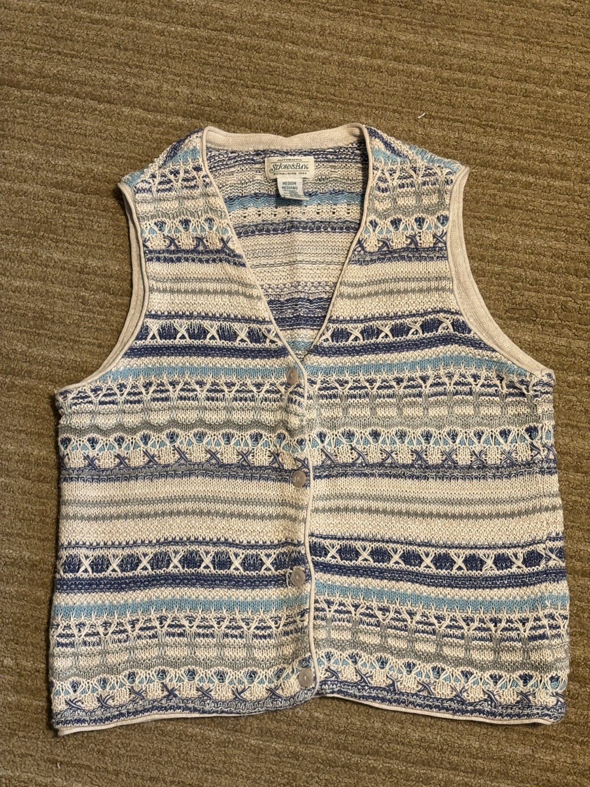 St. Johns Bay Vest M texture knit ramie and cotton natural fiber blue white