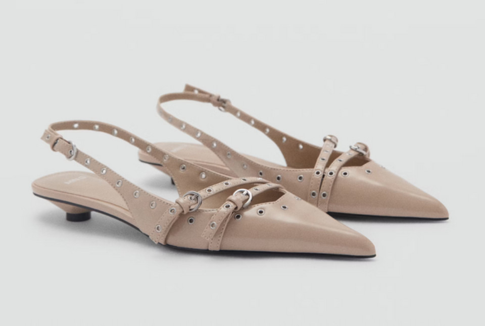 MANGO MNG ICE GRAY GROMMET KITTEN HEEL POINTED TOE SLINGBACK SHOES SZ 38 US 7.5