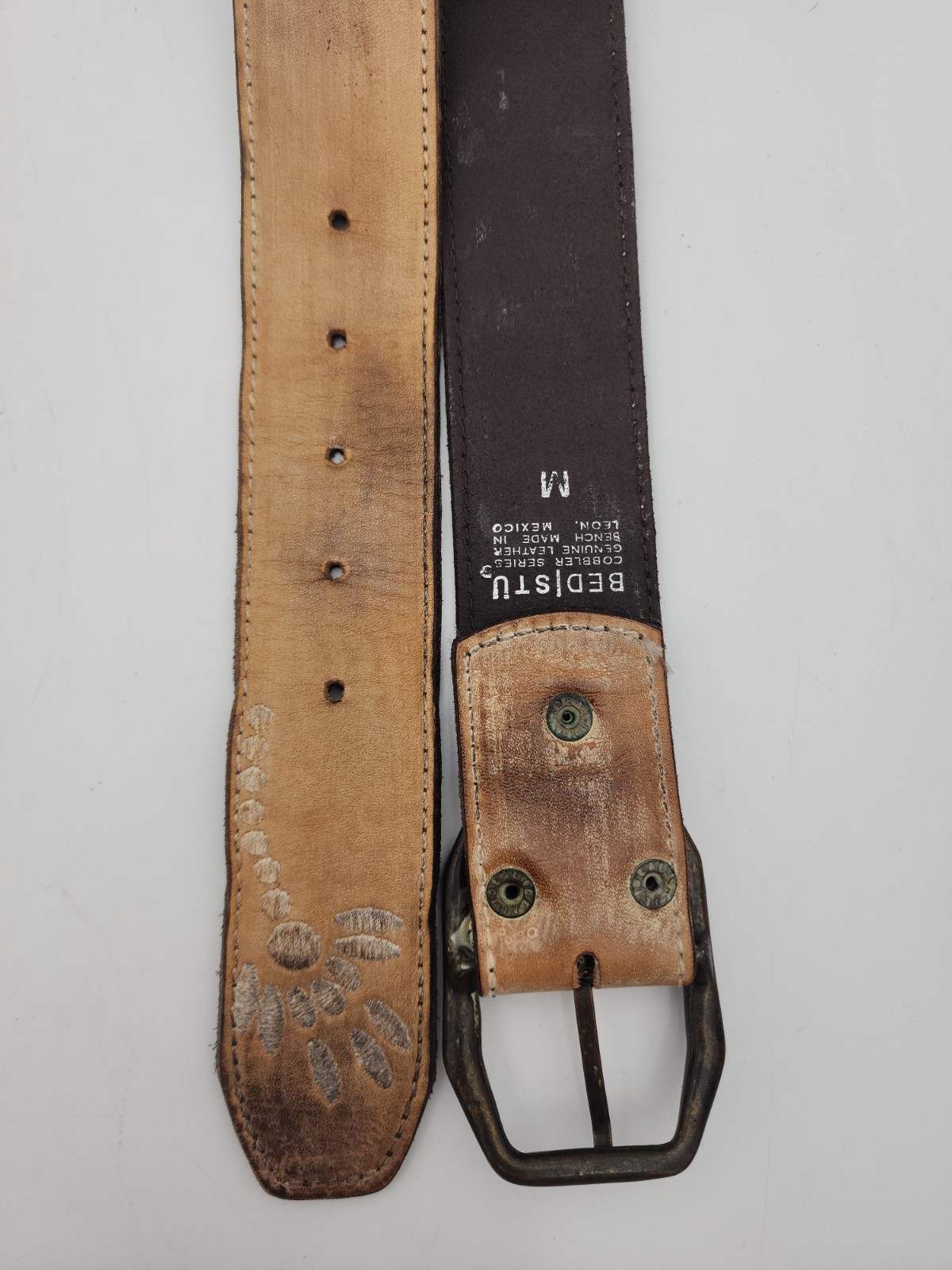 BED|STÜ Cobbler Series Mohawk Belt Embroidered Bench Made Leather Sz MED