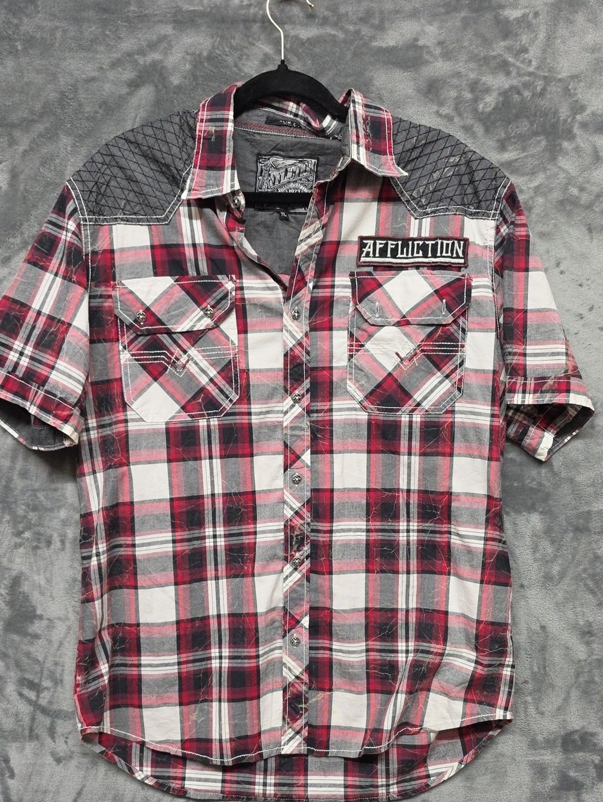 Affliction Red Black White Plaid Short-Sleeve Button-Down Shirt sz XL