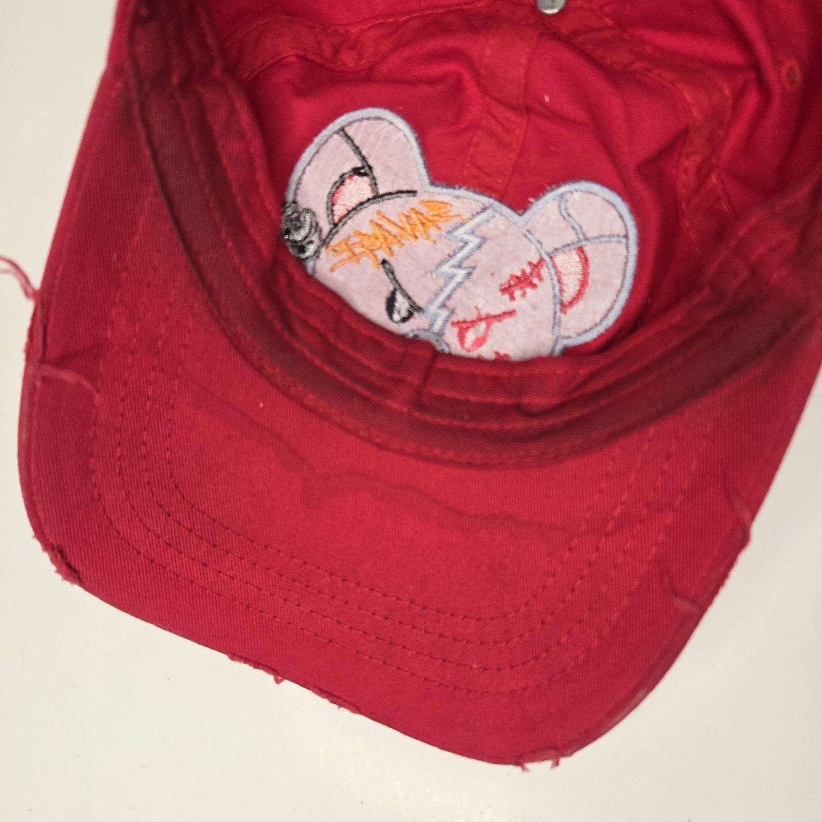 MUKA Headwear Red Savage Teddy Bear Hat Strapback Cap Distressed Style