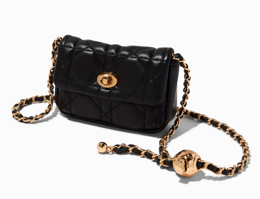 CLAIRE’S Gold-tone Black Quilted Belt Bag CROSSBODY ADJUSTABLE STRAP