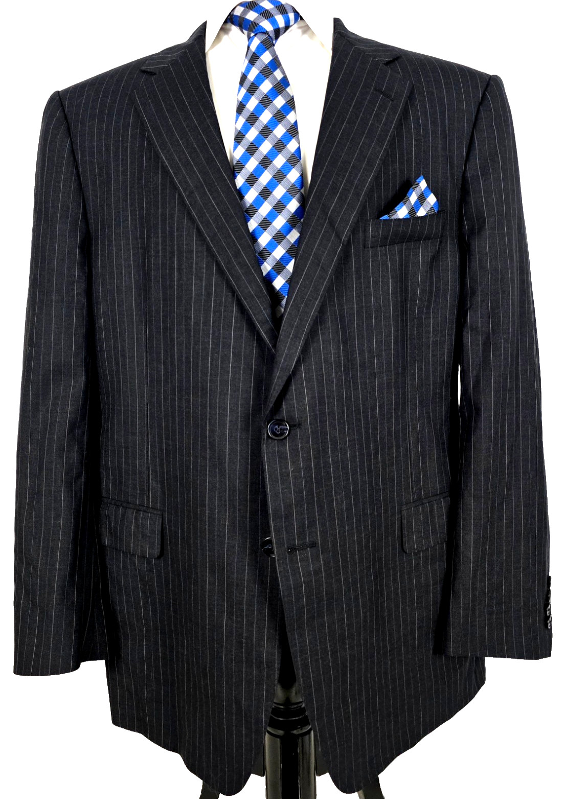 Samuelsohn SB Austin Cashmere & Super 120’s Wool Sport Coat Black Pinstriped 46R