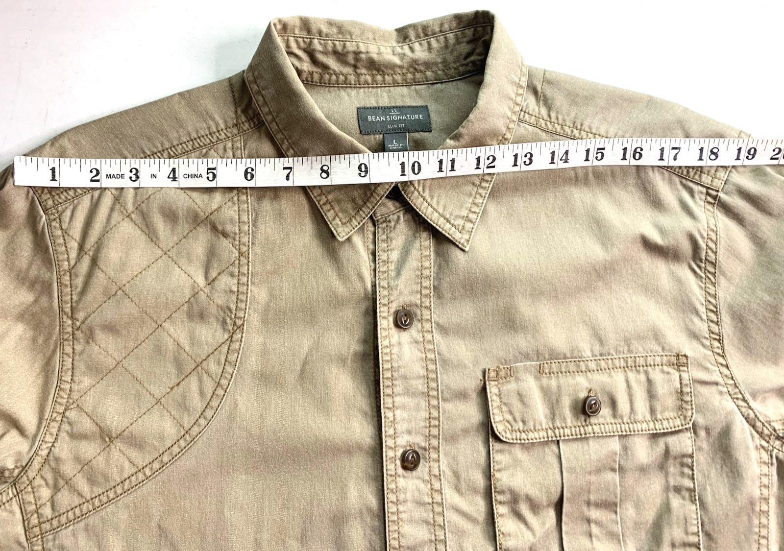 LL Bean Signature Men L Khaki Shirt Work Hunt Quilted Shoulder Slim Fit Safari