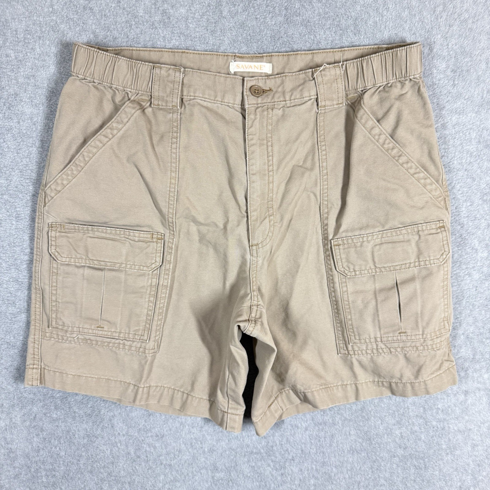 Savane 7″ Safari Cargo Shorts Mens 36 Beige Tan Canvas Elastic Waist Gorpcore