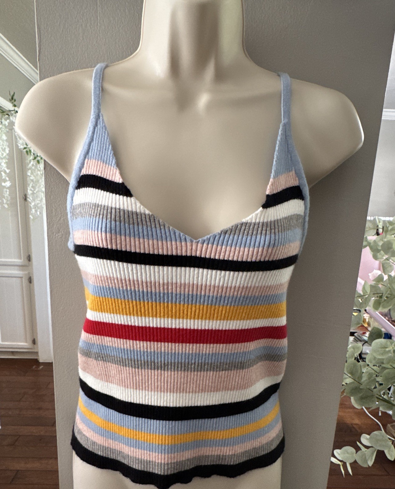 Cotton Emporium Striped Ribbed Knit V-Neck Spaghetti Strap Tank Top L