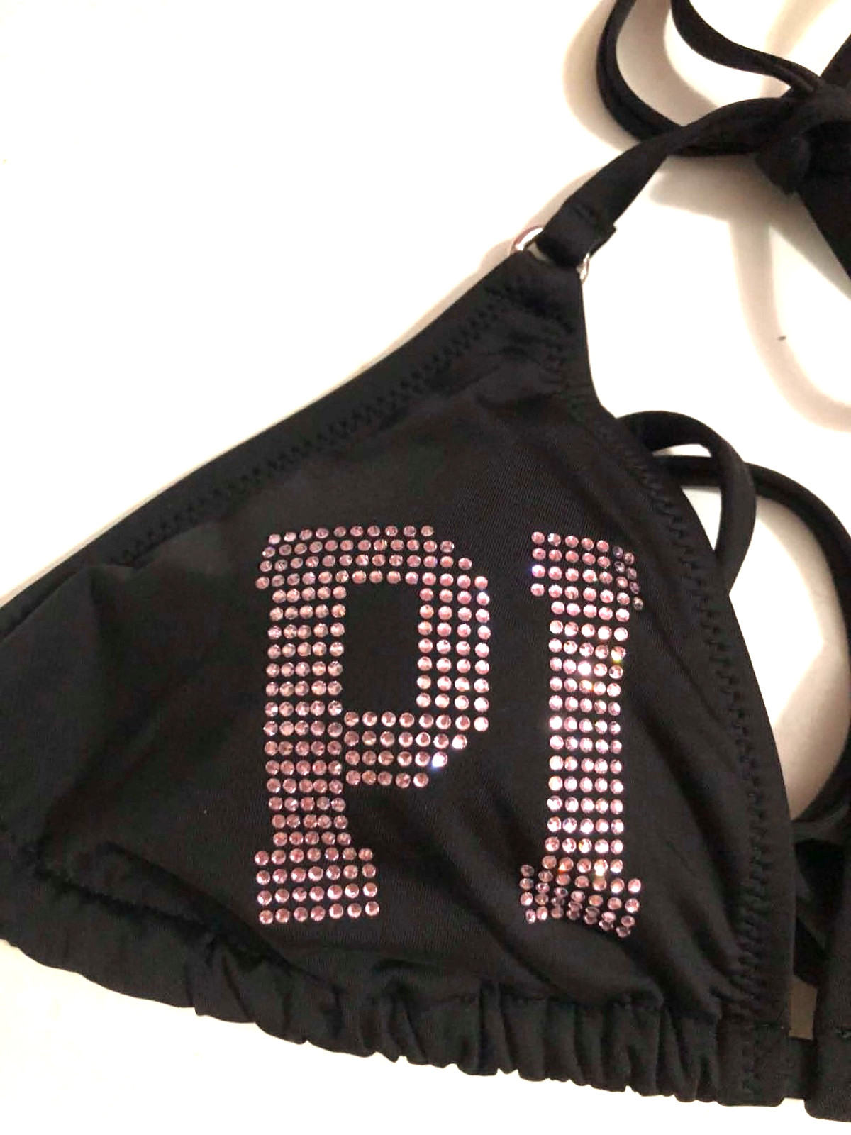 Victoria’s Secret Pink Black Bling Pink Logo Triangle String Bikini Swim Top NWT