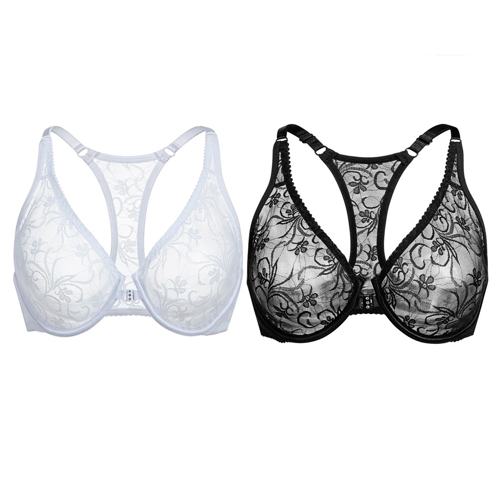 2pcs Front Closure Bra Women Bras Lace Racer Back Plunge Brassiere Sexy Lingerie
